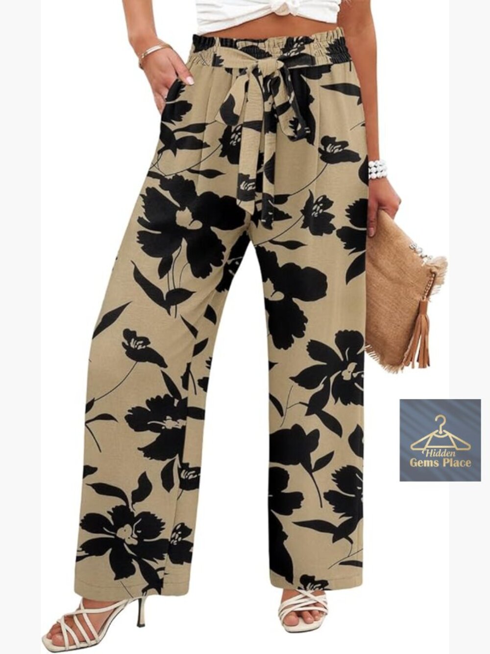 High Waist Wide Leg Pants with Pockets Elastic Waist Tie Front Casual Trousers
